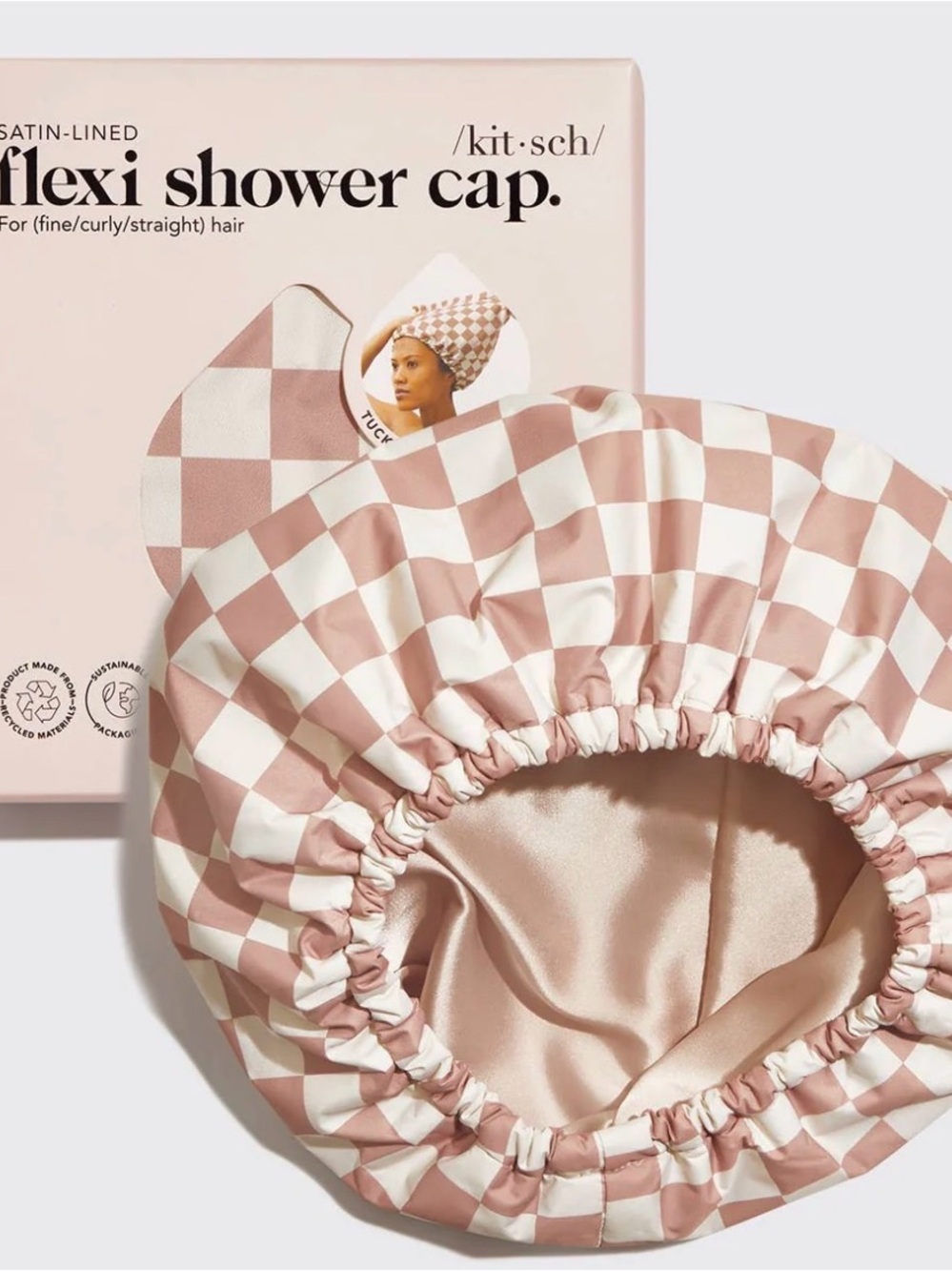 Kitsch Satin-Lined Flexi Shower Cap in Pink and White Check